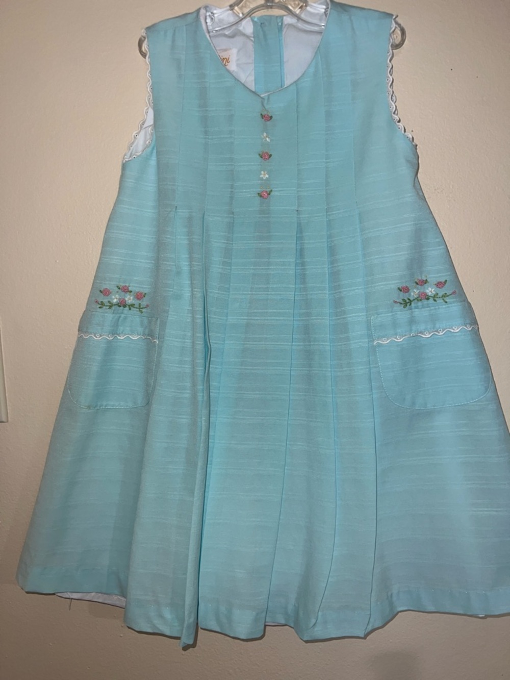 Vintage Anavini Aqua Kids Dress with Embroidered Flowers